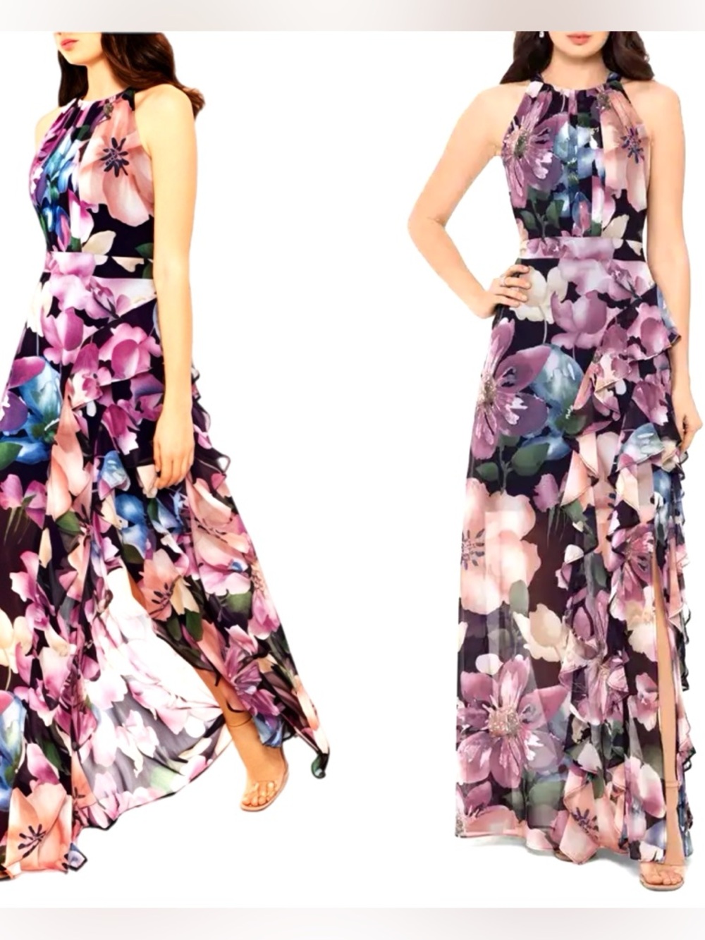 Betsy & Adam Floral Ruffle Slit Chiffon Halter Gown Size 6
